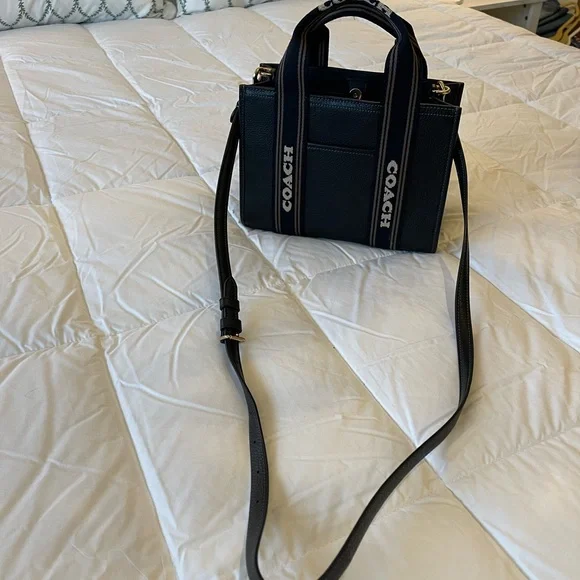 Coach Small Black Leather Tote with Canvas Coach Branded Straps - Picture 2 of 5